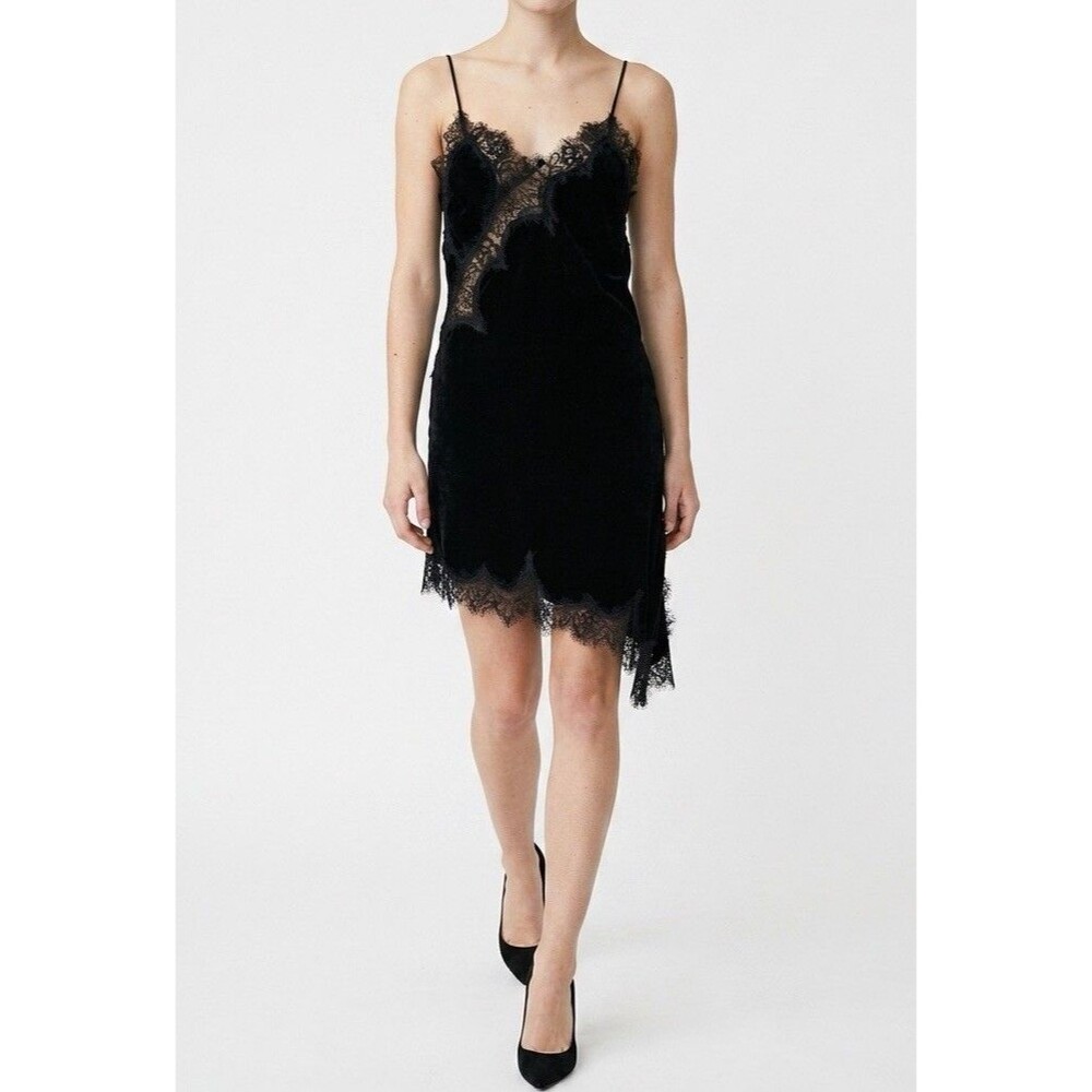Zara ZW Velvet Lace Asymmetric Dress S NWT Black Slip Goth Cocktail 5919/209
